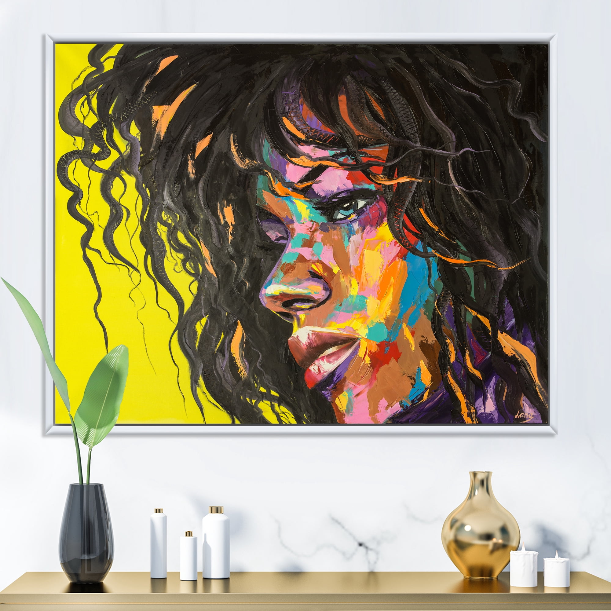 Abstract Colorful Fantasy Portrait Of A Young Woman I 40 in x 30 in Framed Painting Canvas Art Print, by Designart
