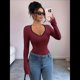 thumbnail image 5 of Camisetas Ajustadas con Cuello en Forma de Corazón para Mujer, Tops de Punto Acanalado con Mangas Largas Acampanadas Vino Tinto L, 5 of 7