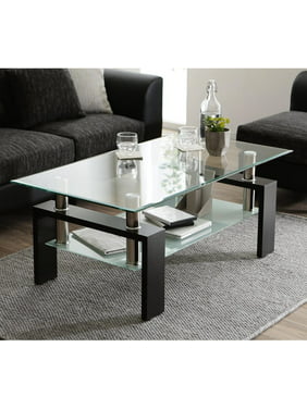 Clear Rectangle Modern Glass Coffee Table with Lower Shelf, Metal Legs for Living Room, L5509