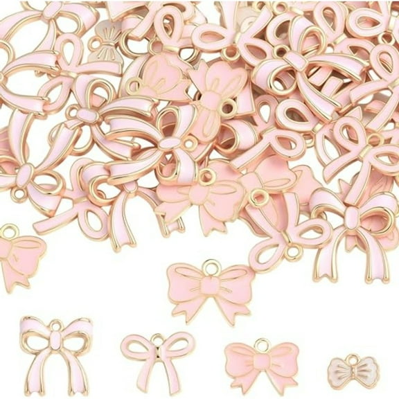 40Pcs 4-Size Romantic Enamel Bow Charms, Pink Heartwarming Knot Pendants for Women DIY Jewelry Making, Gift for Valentine's Day