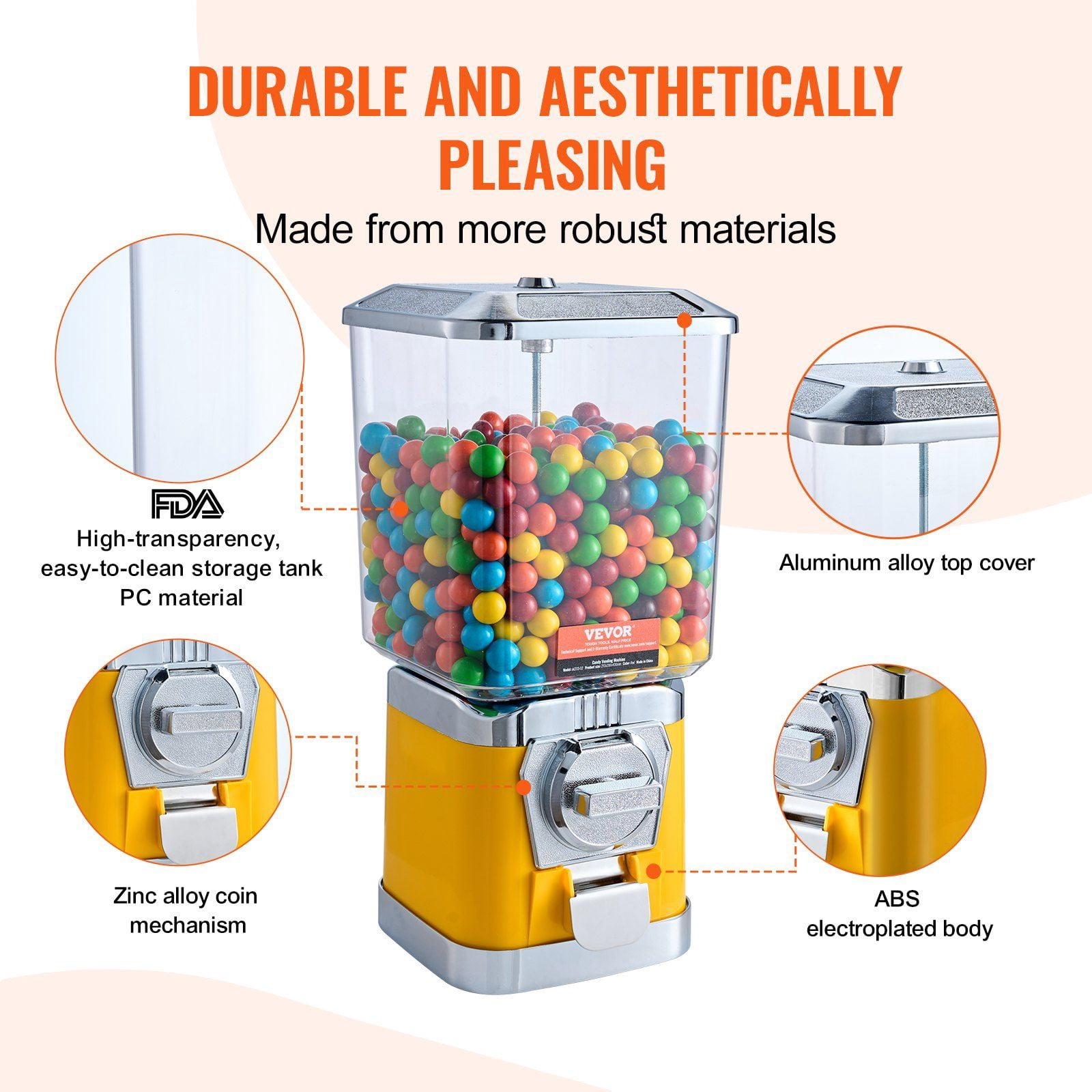 Gumball Machine , 17" Candy Dispenser, Coin Operated, PC Vending Machine for Bouncy Balls & Capsules, Yellow Retro Candy Bank