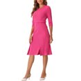 thumbnail image 4 of Vestido de tubo elegante para mujer Inspire Chic, con cuello redondo, mangas 3/4, abertura, ceñido y cinturón, color rosa intenso, 4 of 5