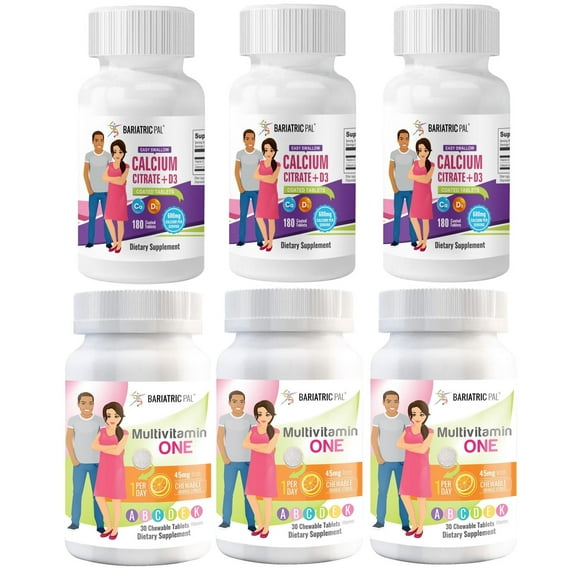 Gastric Sleeve Complete Vitamin Pack - Tablets BariatricPal Multivitamin ONE & BariatricPal Easy Swallow Calcium Citrate & D3 Coated Tablets: Orange Citrus Chewable with 45mg Iron, Size: 90-Day Supply
