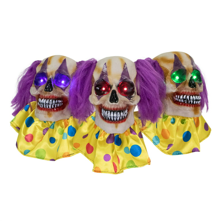 Haunted Hill Farm 3-Piece Clown Skull Lawn Stakes with Flickering