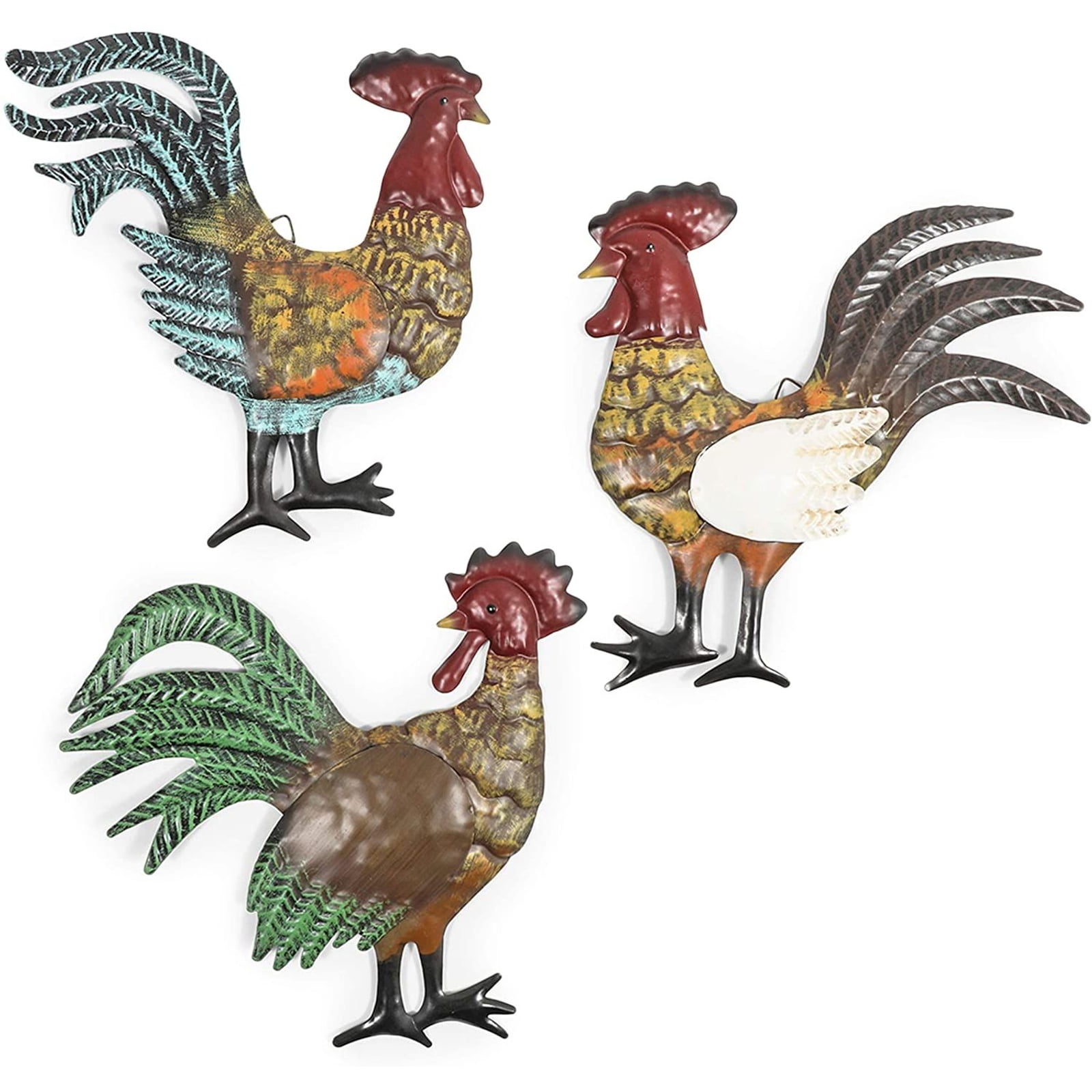 Metal French Country Rooster Chicken Wall Art Rustic Vintage Home Decor Set of 3 