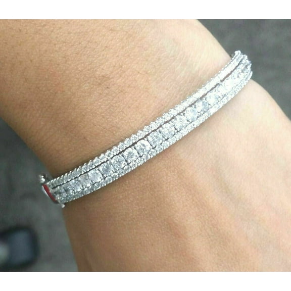 7Ct Round Cut Lab Created Diamond Women's Bangle Bracelet Real 925 Sterling Silver 14K White Gold Plated
