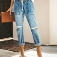 thumbnail image 1 of Pants Clearance Ladies Ripped Pocket Pants Denim Drawstring Elastic Waist Washed Drawstring Casual Trousers Light Blue M, 1 of 7