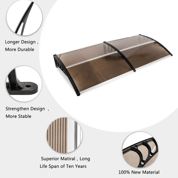 Alvantor Polycarbonate Door Awning with Black ABS Brackets, 78.74 x 39.37 inches, Brown Canopy
