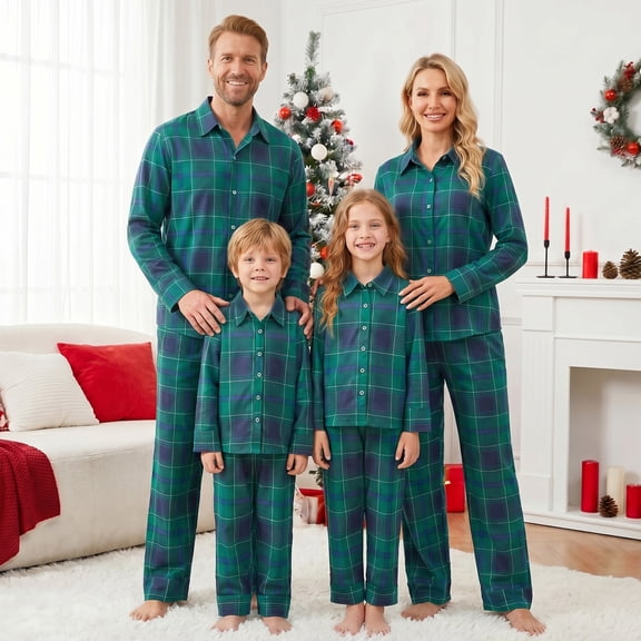 AIGUR Family Matching Christmas Pajamas Set, Green Blue Plaid Long Sleeve Button‑Up Shirt Pants Soft Sleepwear for Holiday