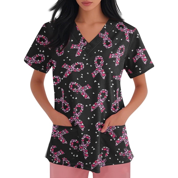 Womens V Neck Printed Scrub Tops Plus Size Stretch Soft Medical Nursing Tops with Pocket S-5XL