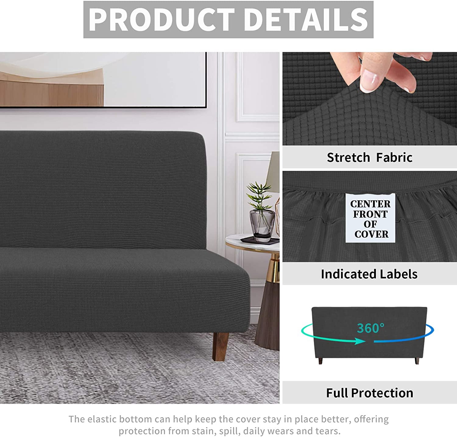 Waterproof Futon Cover Stretch Jacquard Sofa Protector, Leakproof Furniture Cover for Kids and Pets, Non-Slip Futon Slipcover Dark Gray
