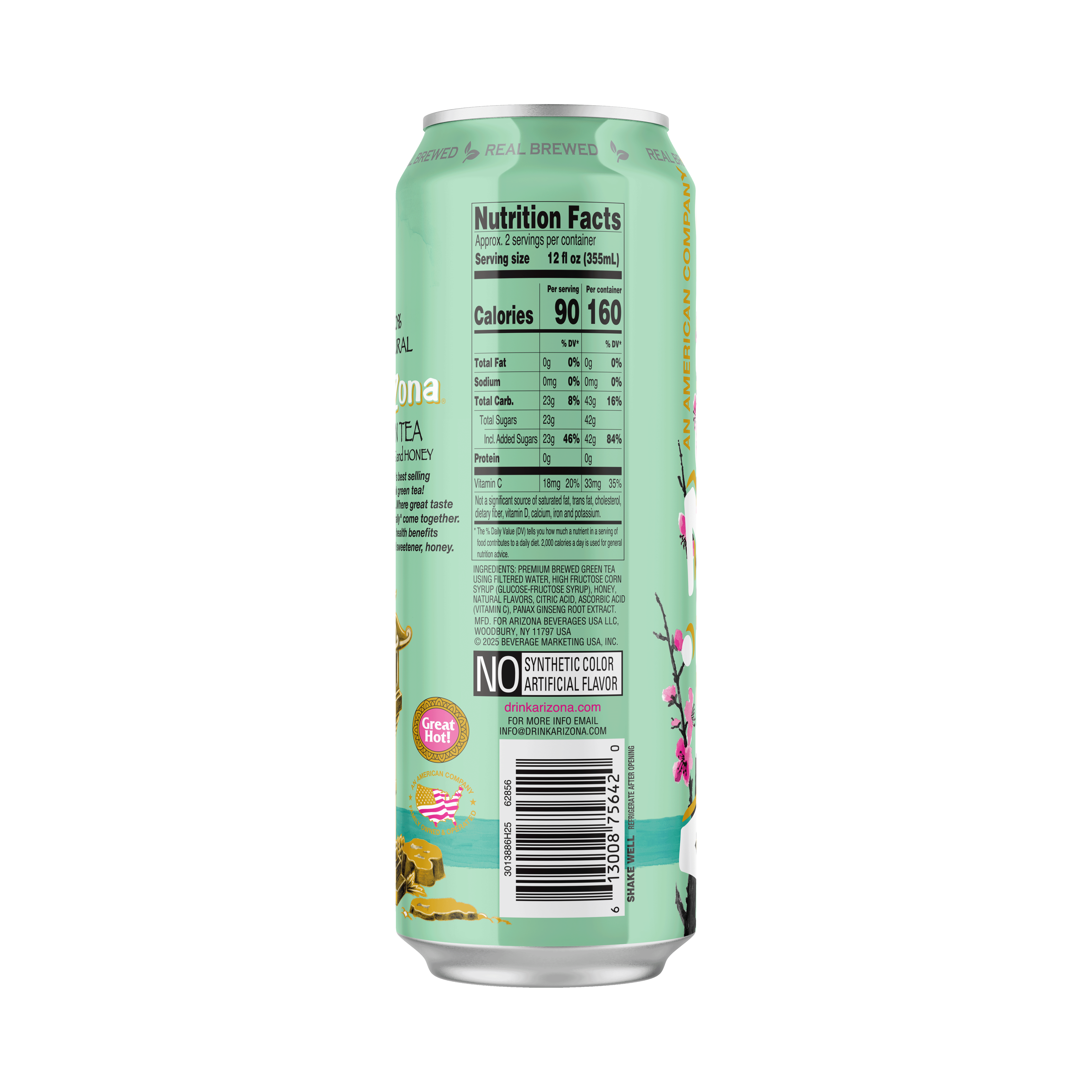 (24 pack) AriZona Green Tea with Ginseng & Honey, Caffeine-Free, 22 fl oz