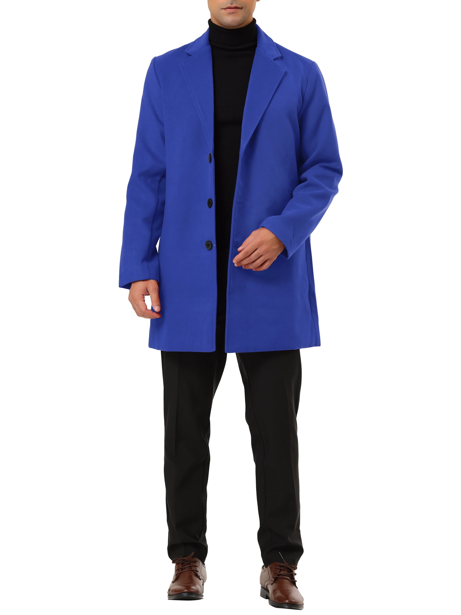 Unique Bargains Men's Slim Fit Notched Lapel Single Breasted Mid Length Overcoat M Blue