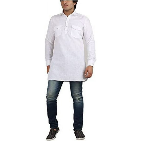 Royal Men's White Fine Cotton Short Pathani Kurta for Denim's