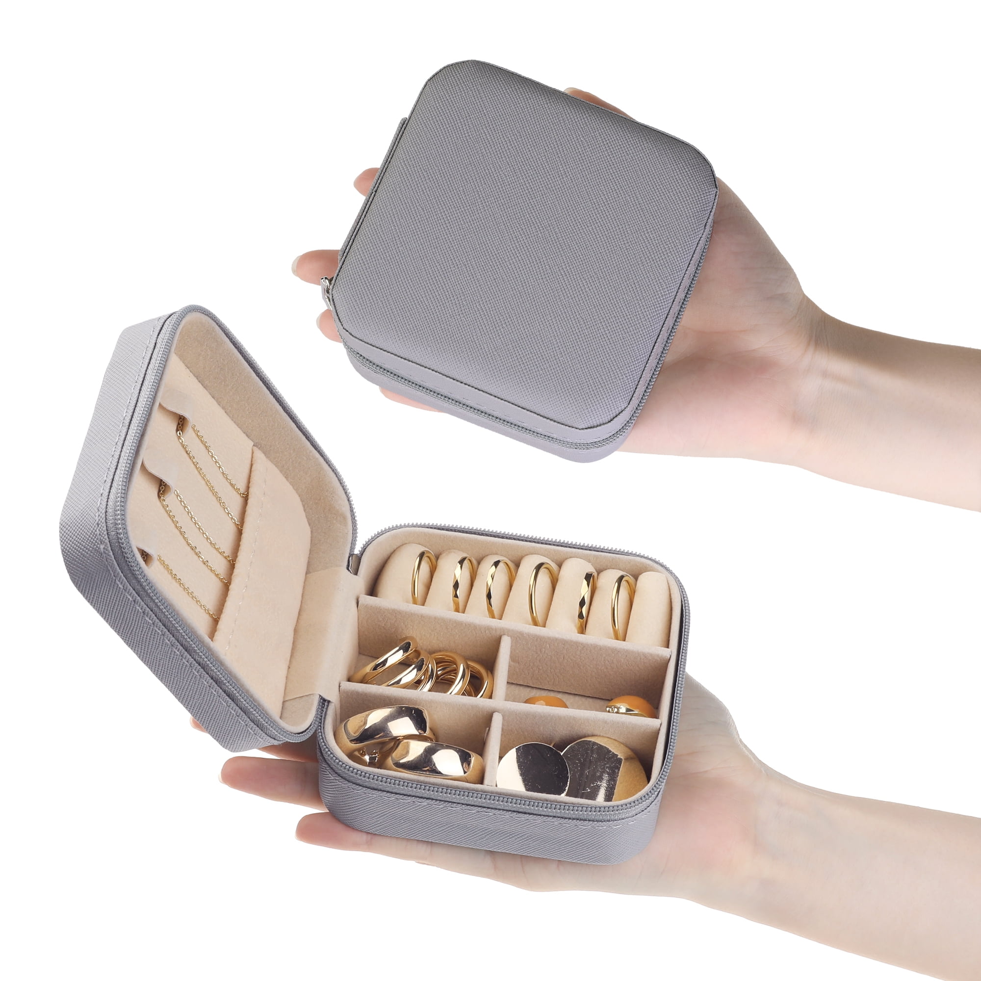 Travel Jewelry Box Mini Portable PU Leather Organizer for Women and Girls Gifts Grey