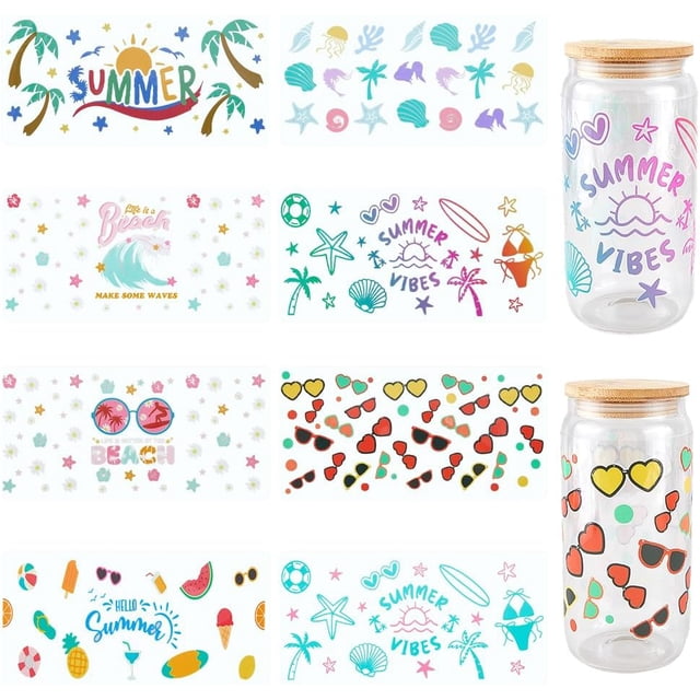 8 unidades de 8 estilos de calcomanías para vasos de verano, transparentes, de plástico, con motivos de vacaciones, mar, océano y playa, impermeables.