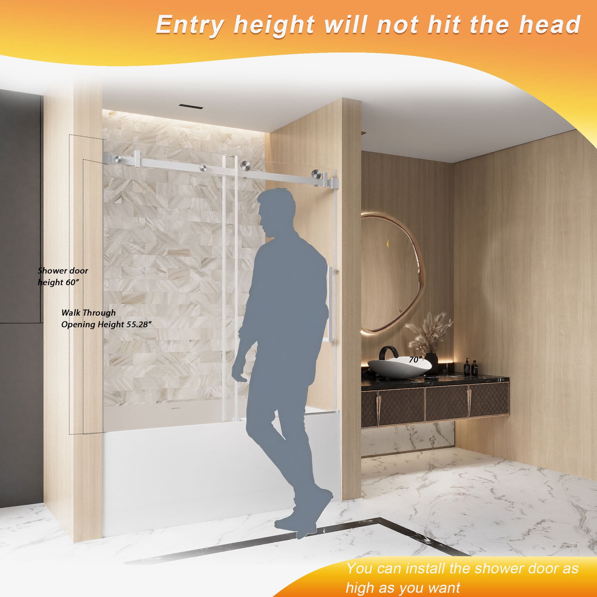 Leumius 56-60"W x 60" H Frameless Single Sliding Shower Door, 1/4\" Clear Tempered Glass, Stainless Steel Handle Square Tube Track Shower Door,Brushed Nickel