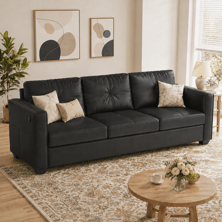 LAZZO 80" Faux Leather Sofa, 3-Seater Couch with USB Ports and Side Pockets for Living Room, Black
