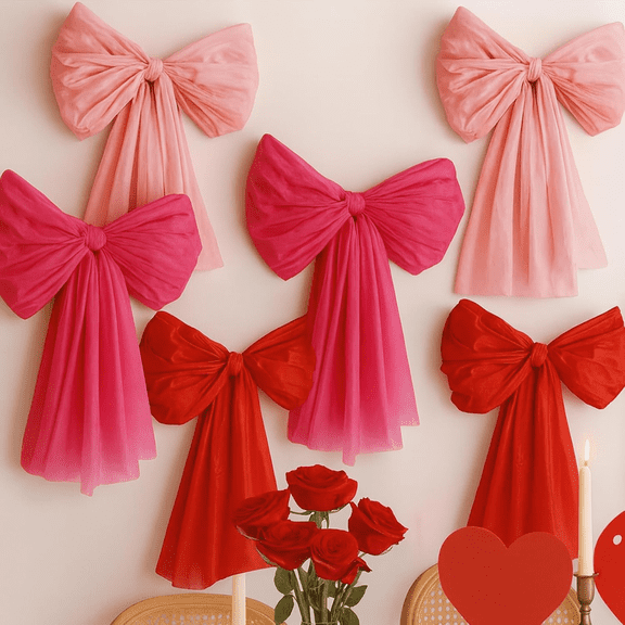 Valentines Day Decorations – 6 Pack DIY Giant Wall Bows, Hanging Valentine & Galentines Bow Decor for Home, Bedroom, Kitchen, Classroom, Party & Office – Cute Pink Red Large Bows for Door, Window
