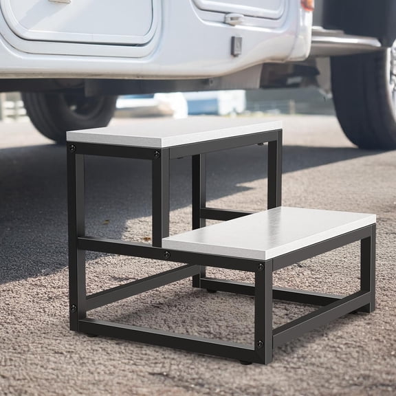 Wood and Metal 2 Step Stool for Adults & Kids – Heavy Duty Rustic Step Stools, 500 Lbs Capacity Non-Slip Stepping Stool for High Beds, Kitchen, Bathroom, Closet,  Foot Stool for Home Use,White