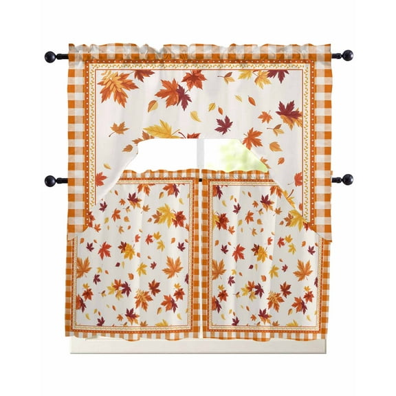 Fall Kitchen Curtains Sets 36 Inch Length with Valance, Thanksgiving Maple Leaf Autumn Orange Plaid Swag Valances and Tiers Curtain Set Drapes Swag Curtains for Living Room, Bathroom, Bedroom, Cafe