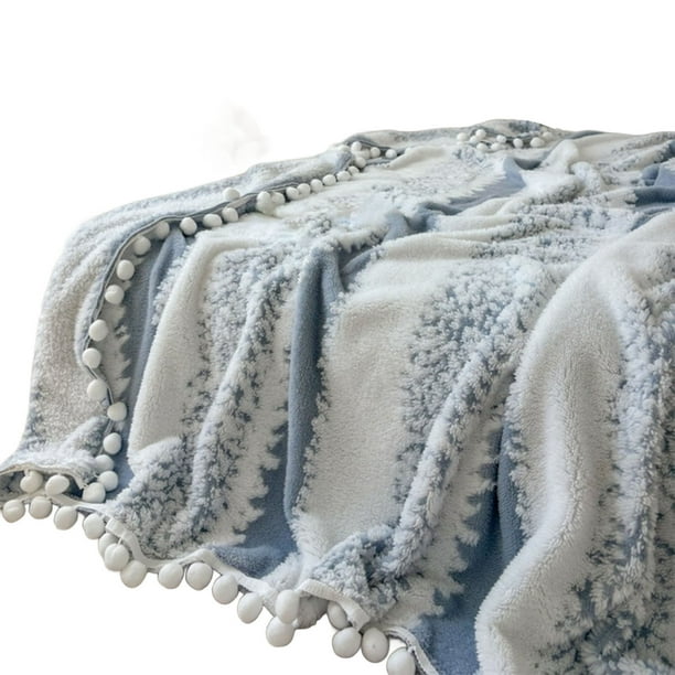 Manta de sofá de tejido jacquard catiónico de dos colores, manta de forro polar con estampado de nubes, manta con pompones para sofá, oficina y siesta.