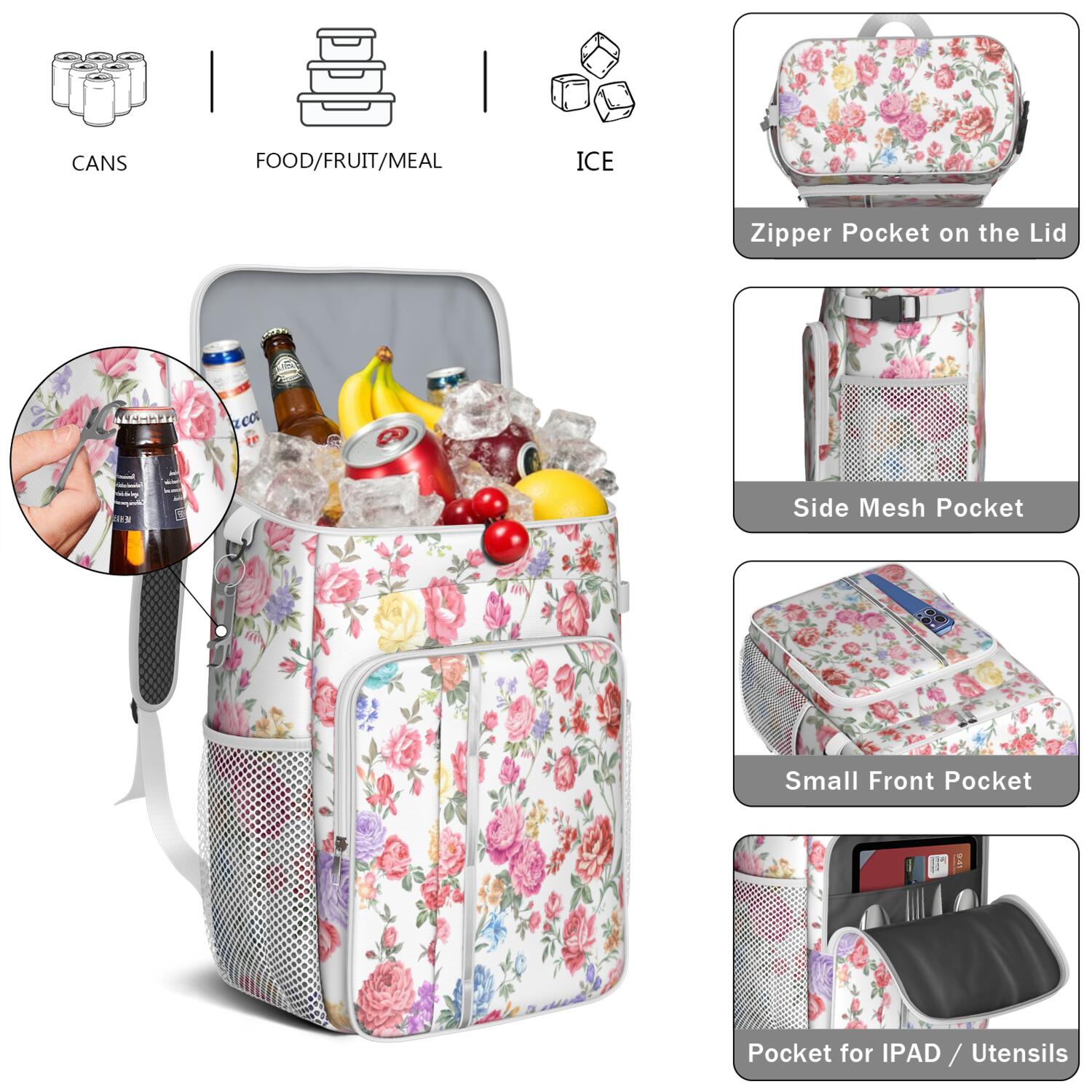Travel Cooler Bag - Pioneer Flower Floral Print Pattern Camping Beer Cooler Backpack with Bottle Opener- Waterproof Insulated Picnic Backpacks - Cooler Bag for Beach