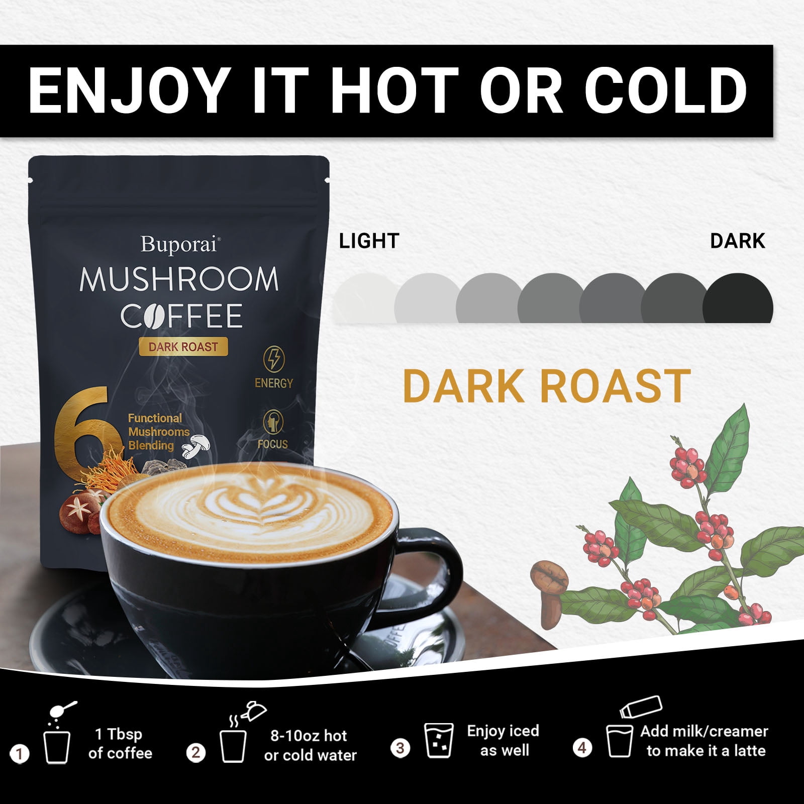 Mushroom Coffee Dark Roast - with 6 Mushrooms & Instant Coffee - Lion’s Mane, Cordyceps - for Energy, Focus, Digestion - 30 Servings