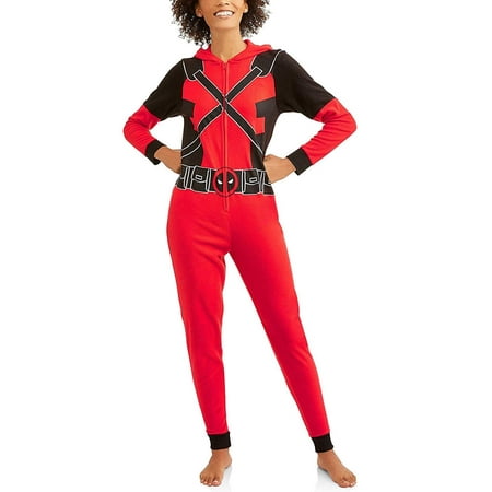 Deadpool Marvel Women's Cozy Fleece Union Suit Hooded Pajamas, Red/Black, XL