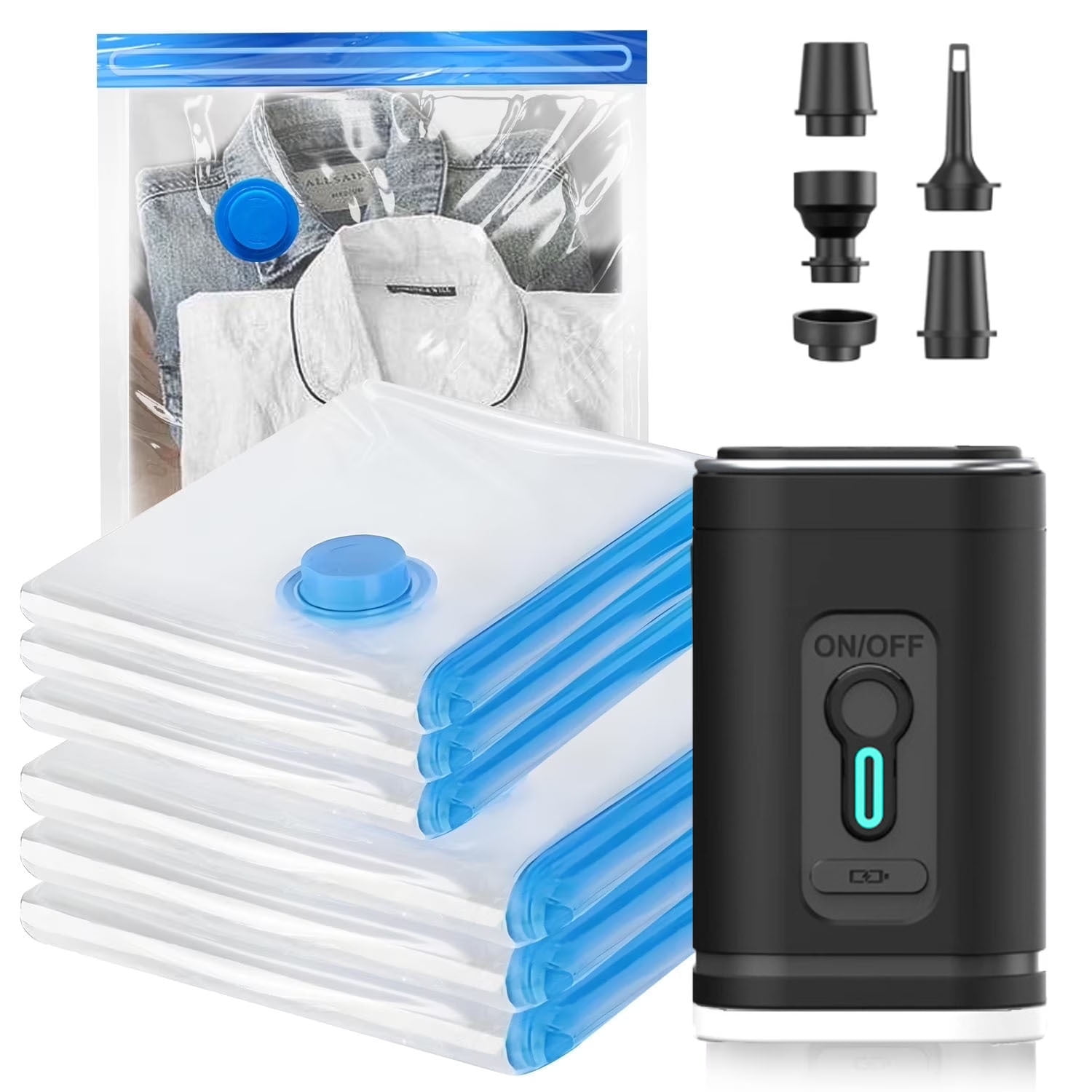 Vacuum Storage Bags for Travel, 6 Pack (3S+3XS) Vacuum Seal Bags with Wireless Rechargeable Electric Pump, with LED Light,Compression Bag for Clothes,Backpack,Camping