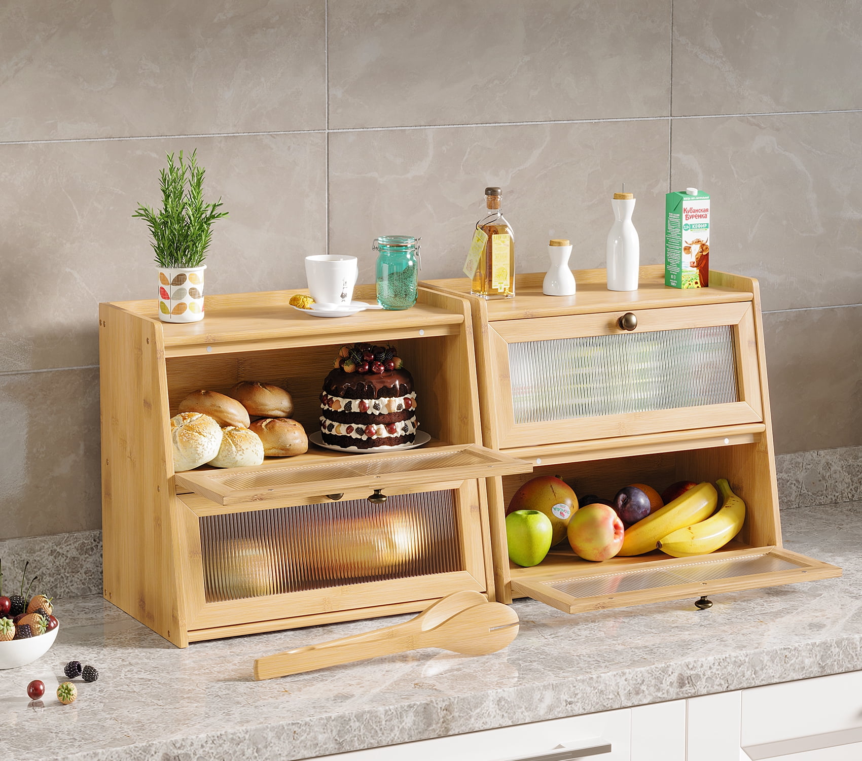 BALANBO Bread Box for Kitchen Countertop Bamboo Bread Storage Container Bin 2 Layer Breadbox Holder Large Capacity Keeper Wood Farmhouse Food Organizer Pantry Shelf Clear Window（Natural color)