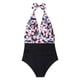 thumbnail image 1 of Traje de baño de una pieza para mujer Halter Plunge V cuello sin espalda estampado floral fruncido traje de baño para natación de verano flor rosa S, 1 of 6