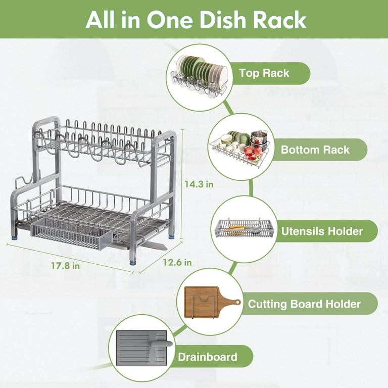 Romision 2 Tier Dish Drying Rack, 304 Stainless Steel Kitchen Dish