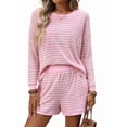thumbnail image 3 of 2 Piece Sets for Women Summer Cute Stripe Long Sleeve Knit T Shirts Shorts Matching Lounge Set Pink L, 3 of 8