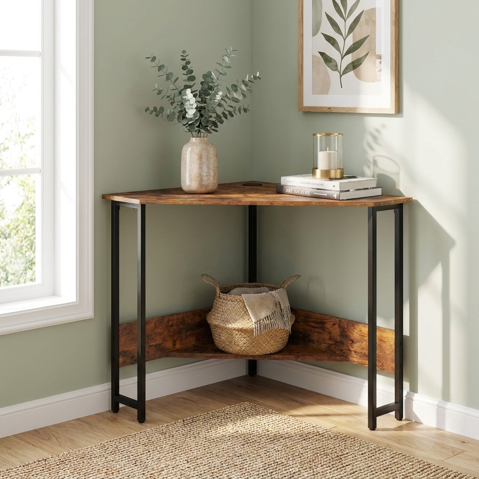 Furnibear Corner Desk Triangle Computer Desk Home Office Study Workstation with Charging Station and Open Shelf for Small Spaces, Rustic Brown
