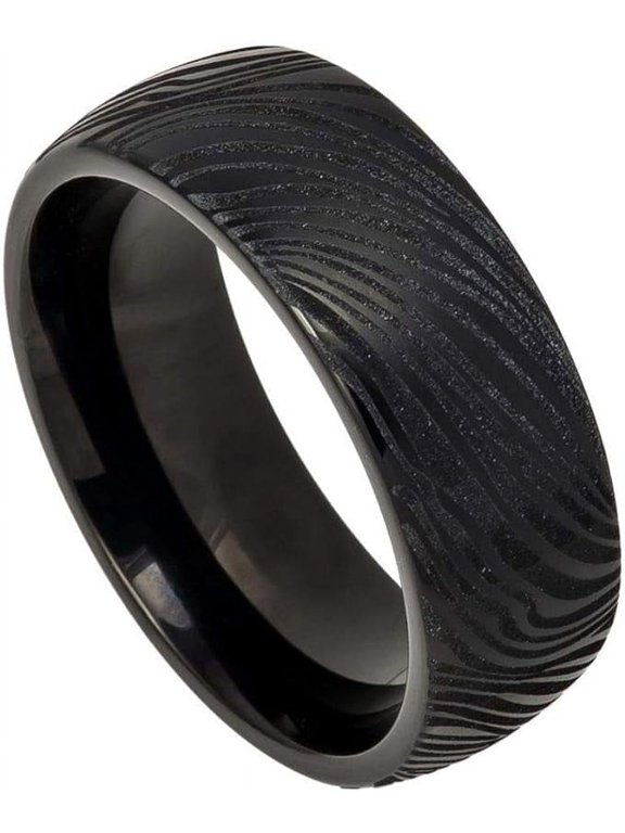Ring for Men and Women Gifts With Thought Ring Black IP Plated Semi-Dome Laser Carved Mokume Gane EFFECT 8mm Wedding Band Ring Ideal Rings for Couples