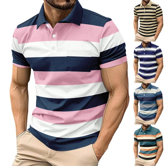 Men's Short Sleeve Shirt Casual Button Stylish Summer T Shirt Contrast Color Slim Fit Shirts with Collar Soft Breathable Tops for Beach Vacation Outdoor Daily Wear Blue L