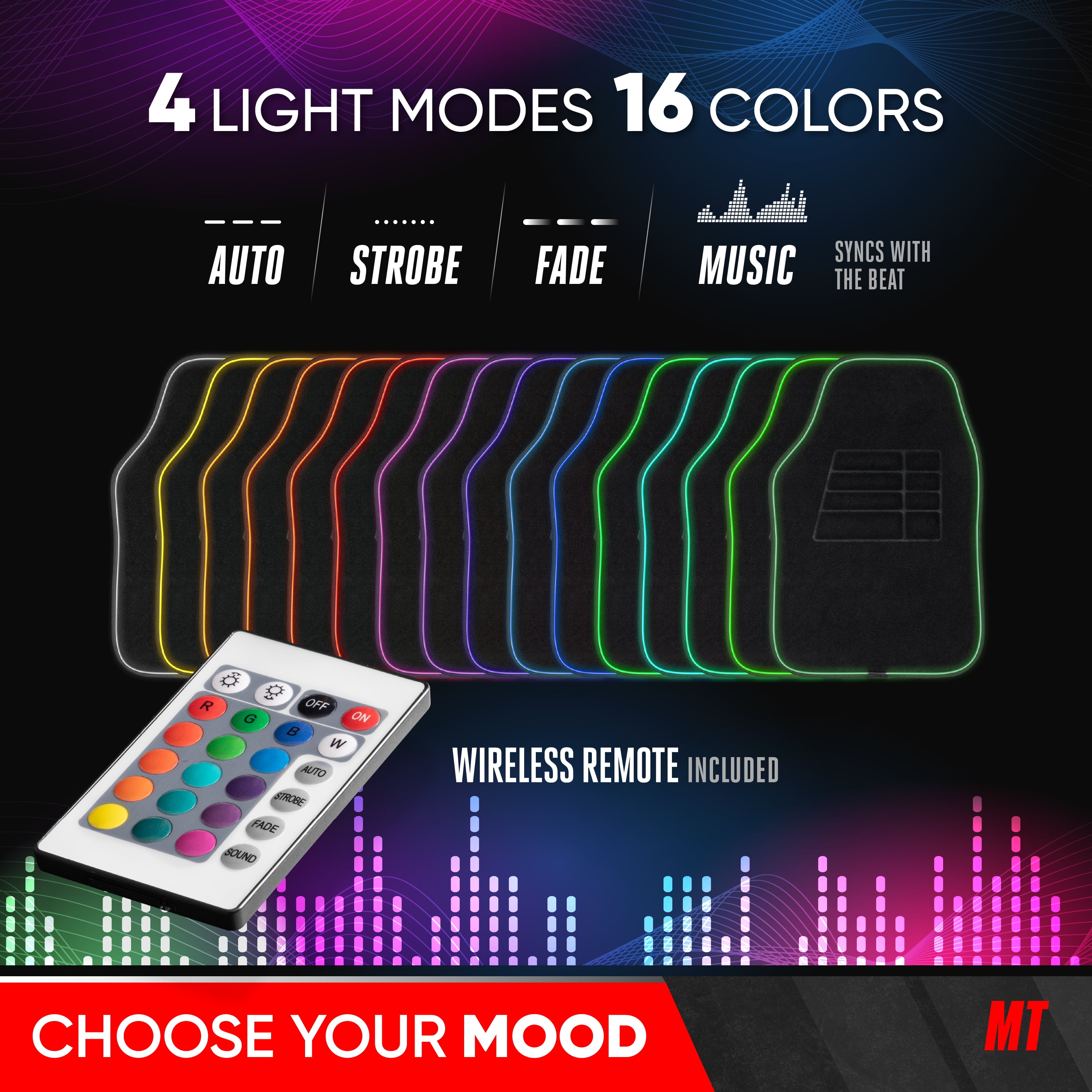 Motor Trend BrightLights LED Car Mats, Set of 2 - RGB Floor Mats for Cars, Carpet Car Floor Mats with LED Lights for Car Truck Van SUV, Universally Sized for Most Vehicles