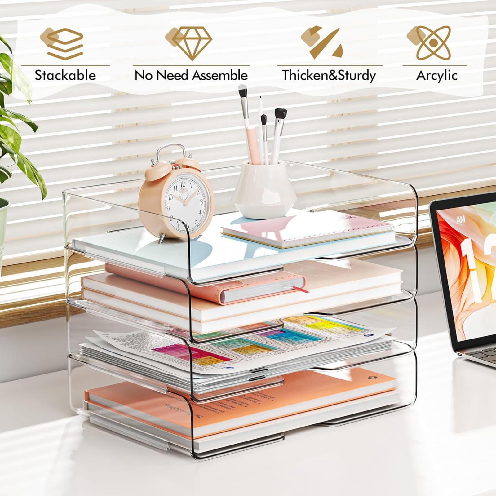 PHANCIR Clear 4-Tier Stackable Desk Organizer, Horizontal Paper File Tray, Desktop Document Sorter & Storage for Office, Home, School, Holds A4, Letters, Notebooks, Books & Office Supplies