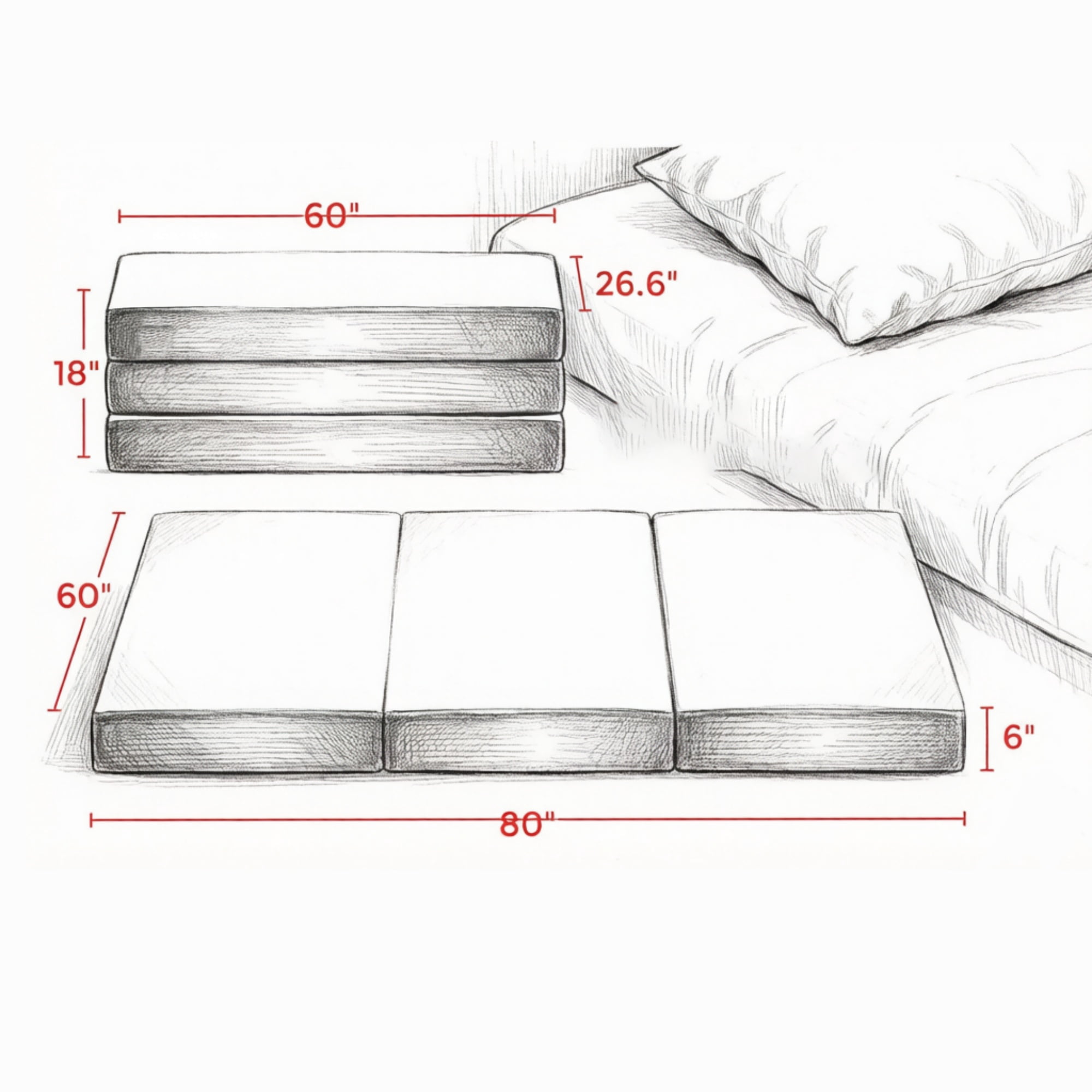 6 Inch Trifold Memory Foam Mattress 80" x 60" x 6", for Guest, Camping, RV, Travel, Yoga（Only Mattress）