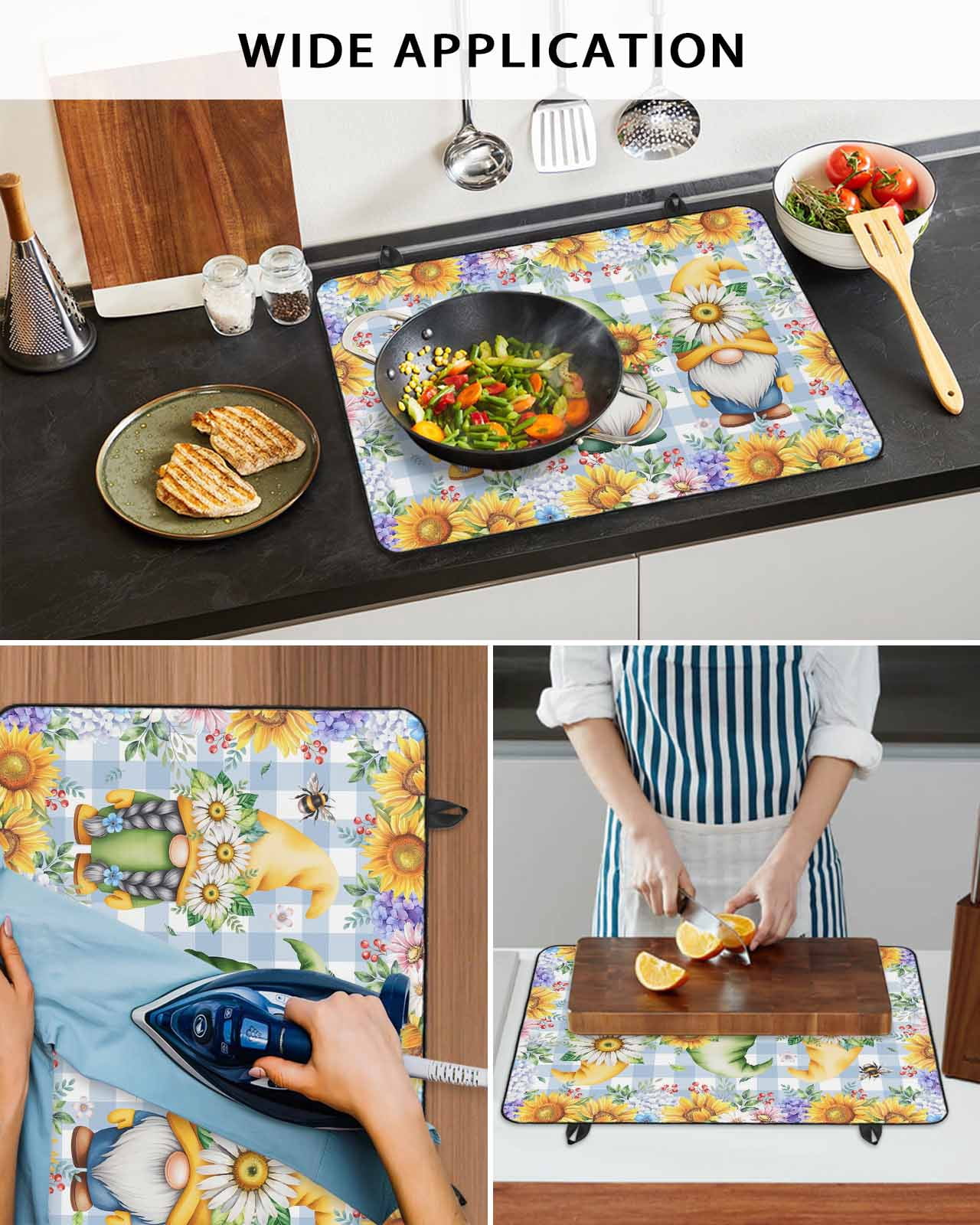Large Induction Cooktop Protector Mat Sunflowers Stove Top Covers for Electric Stove, Spring Gnomes Daisy Hydrangea Flowers Blue Plaid Decorative Stove Burner Cover Mats, Glass Top Stove Cover
