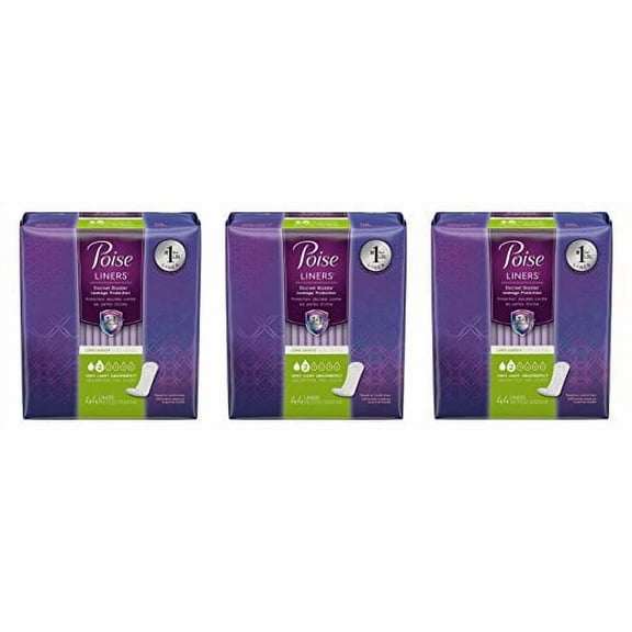 Poise Liners for Light Bladder Leakage, Long Length, Very Light Absorbency, 44 Count (Pack of 3)