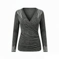 thumbnail image 4 of ClodeEU Women's Cross Wrap V Neck Long Sleeve Slim Fitted Rhinestone T Shirt Top,Ruched Elegant Tee Top Gray,Womens Plus XXL, 4 of 5
