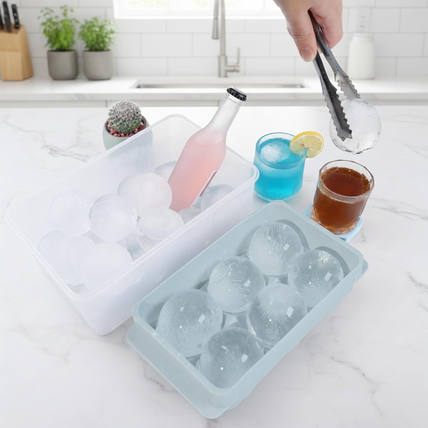 Large Ice Ball Maker Mold, 2.5" Round Ice Cube Mold for Whiskey Bourbon Cocktail, 8 Balls, Sphere Ice Mold, Big Ice Cube Tray with Container and Tongs, Easy to Fill & Release