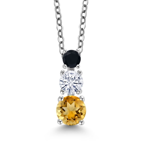 Gem Stone King Yellow Citrine White Moissanite Black Onyx 3 Stone Pendant Necklace for Women (1.06 cttw, Gemstone Birthstone, Round 5MM, 4MM and 3MM, with 18 inch Chain)