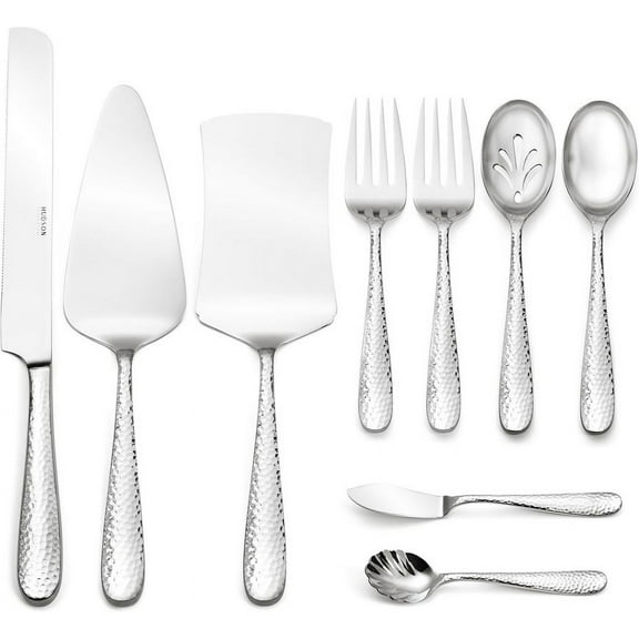 Hudson Essentials 9-Piece Bergamo Hammered 18/10 Stainless Steel Hostess Set with Cake Knife & Server - Ideal for Weddings