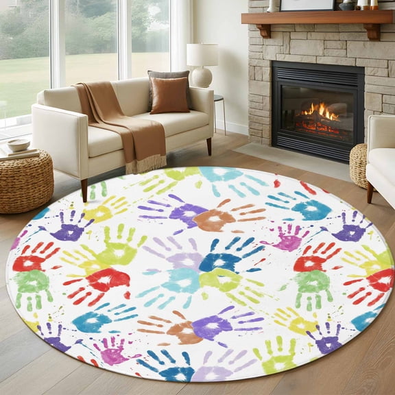 Colorful Hand Print Round Area Rug 5Ft Washable Circle Rugs for Living Room Bedroom, Cartoon Watercolor Cute Graffiti Non-Slip Carpet Floor Mats Indoor Outdoor Carpet Runner Aesthetic Home Decor