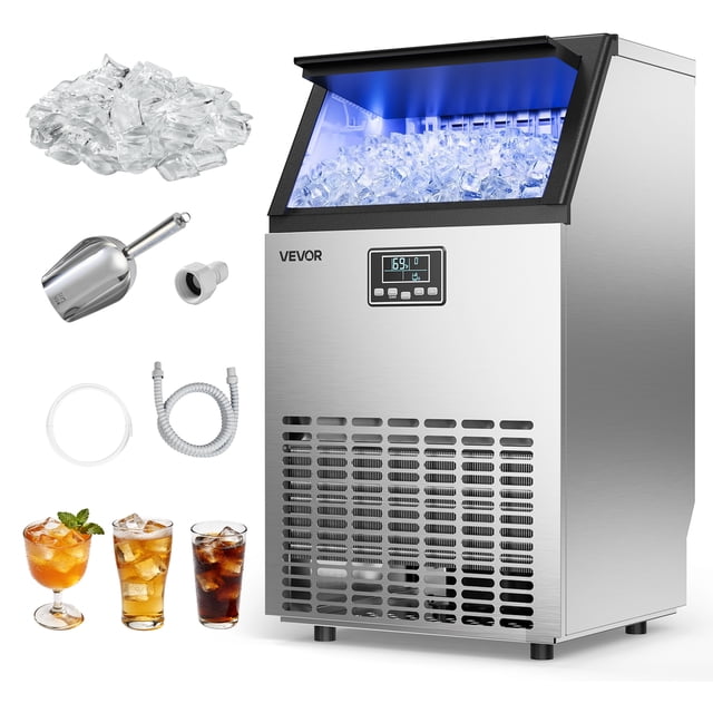 VEVOR Commercial Ice Maker Machine, 100 lbs/24h with 26 lbs Storage Capacity, Built-in/Freestanding/Under Counter, Stainless Steel Ice Maker with LED Display