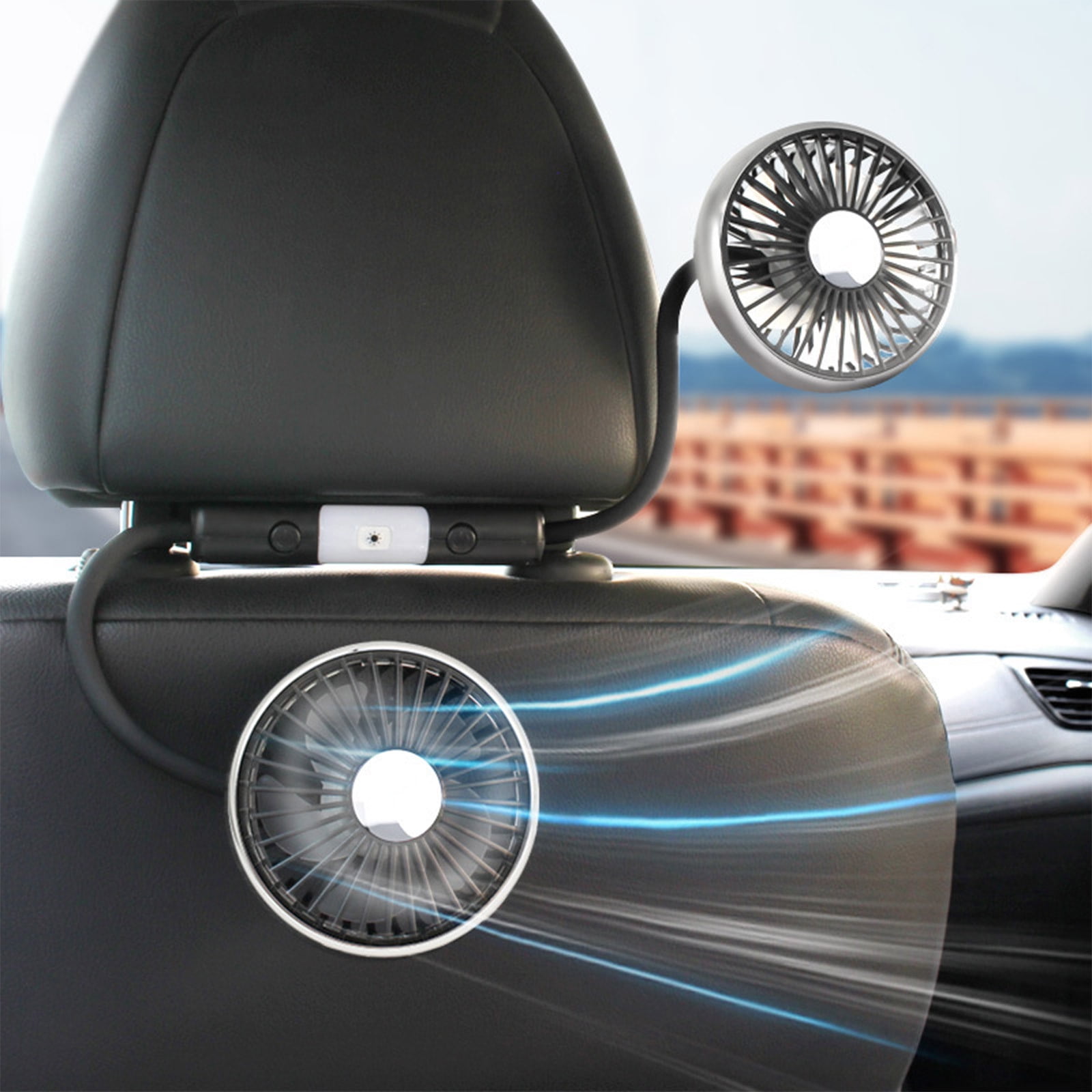 Car Mounted Dual Head Hose Fan with Adjustable Lighting and Type-C USB Power, Quiet Brushless Motor Strong Wind Cooling for Back Seat Headrest Multi Scene Vehicle and Home Use