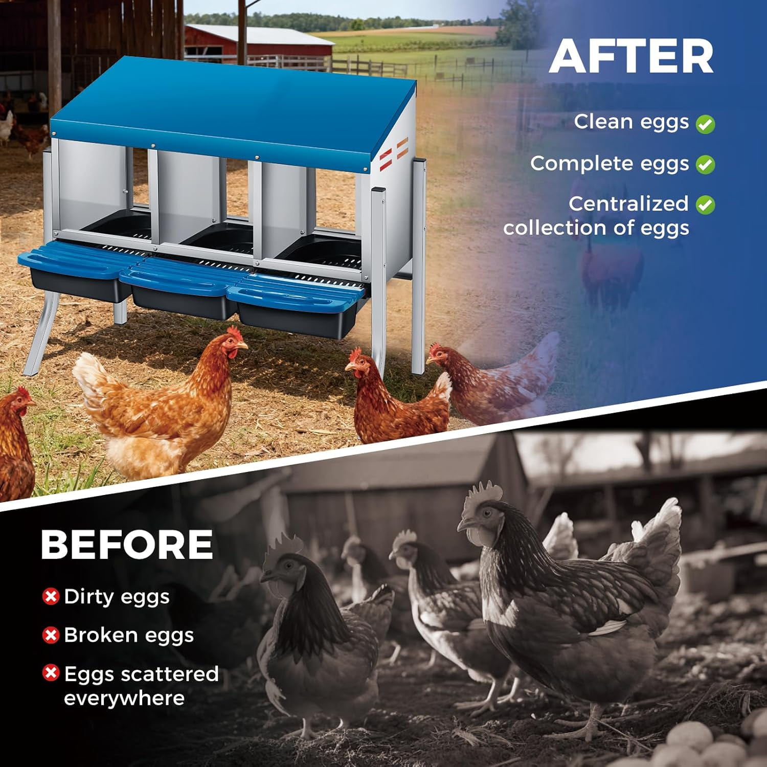Sunvasagoo Zinc Alloy Chicken Nesting Box, 3/4 Hole Roll Away Egg Laying Box w/ Removable Tray, Wall Mount or Freestanding